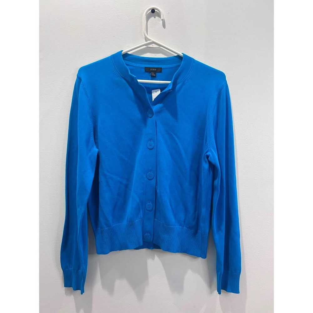 J.Crew Cardigan Sweater Women Large Blue AK190 Cotton Button Front Crew Neck